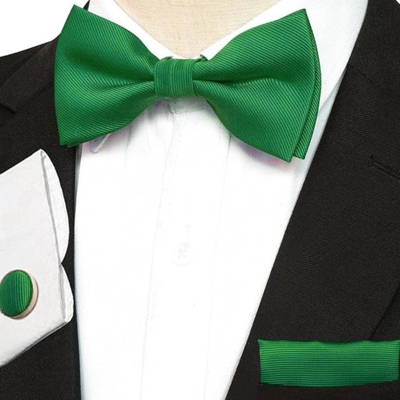Mens 5 Piece Tie + Bow Tie + Pocket Square + Cufflinks + Clip Satin Green - Picture 3 of 5